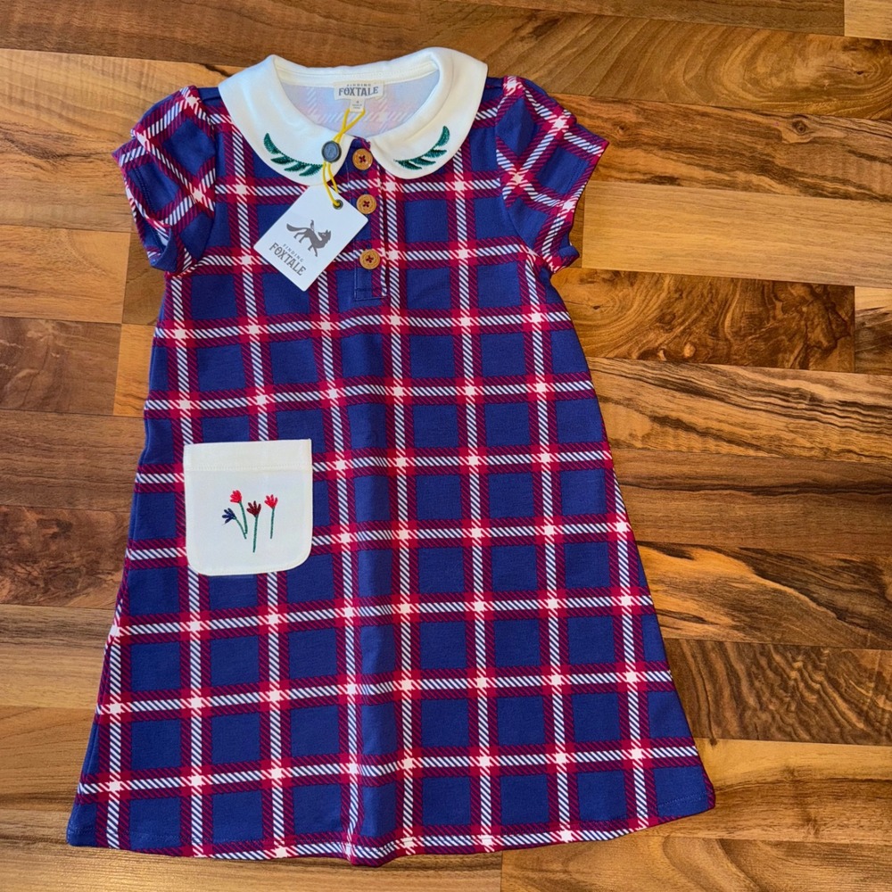 Finding Foxtale Kids‎ Plaid Collar Dress Flowers Pocket Size 4 NEW classic